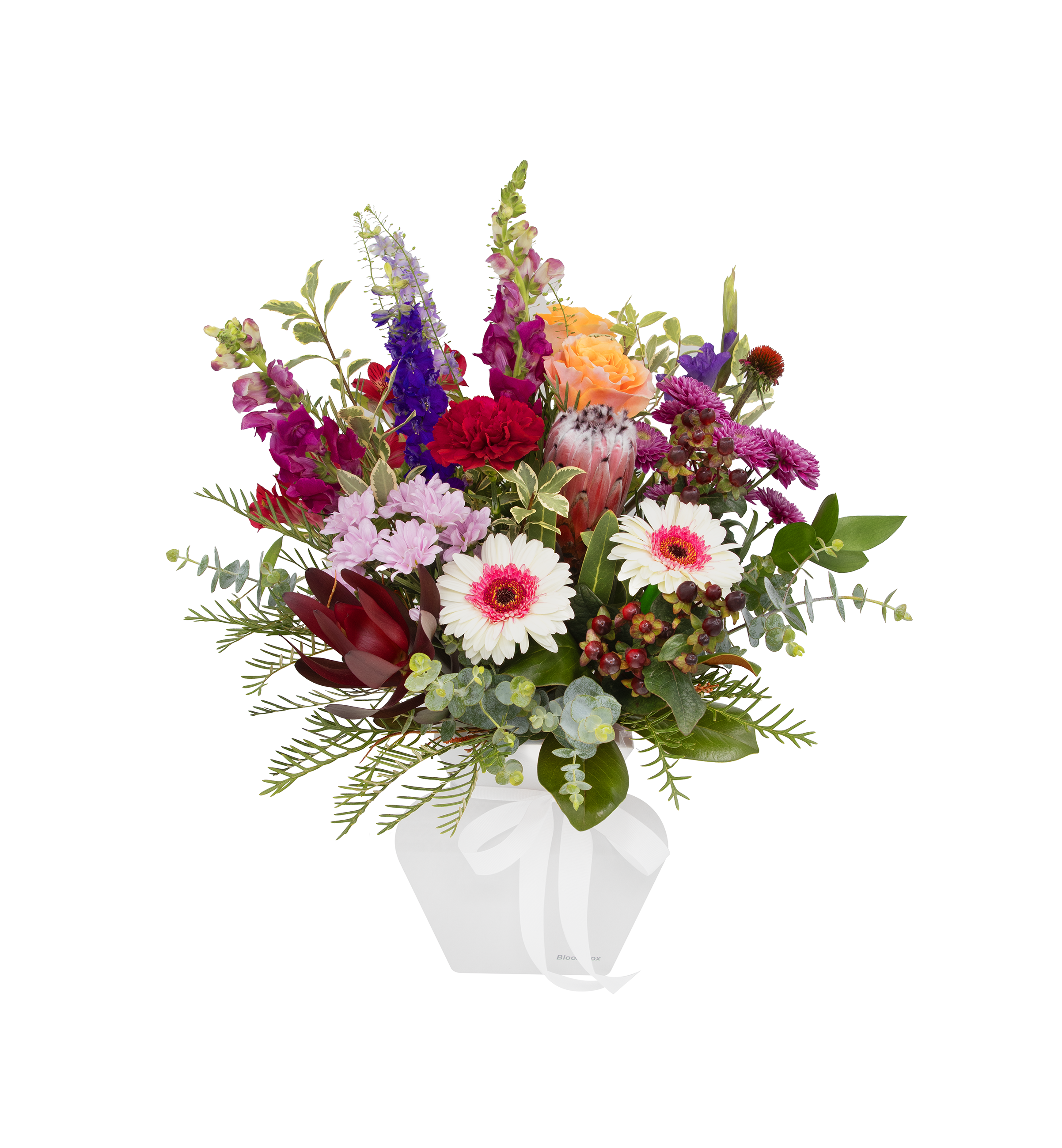 Colorful flower arrangement in a water box vase on a white background