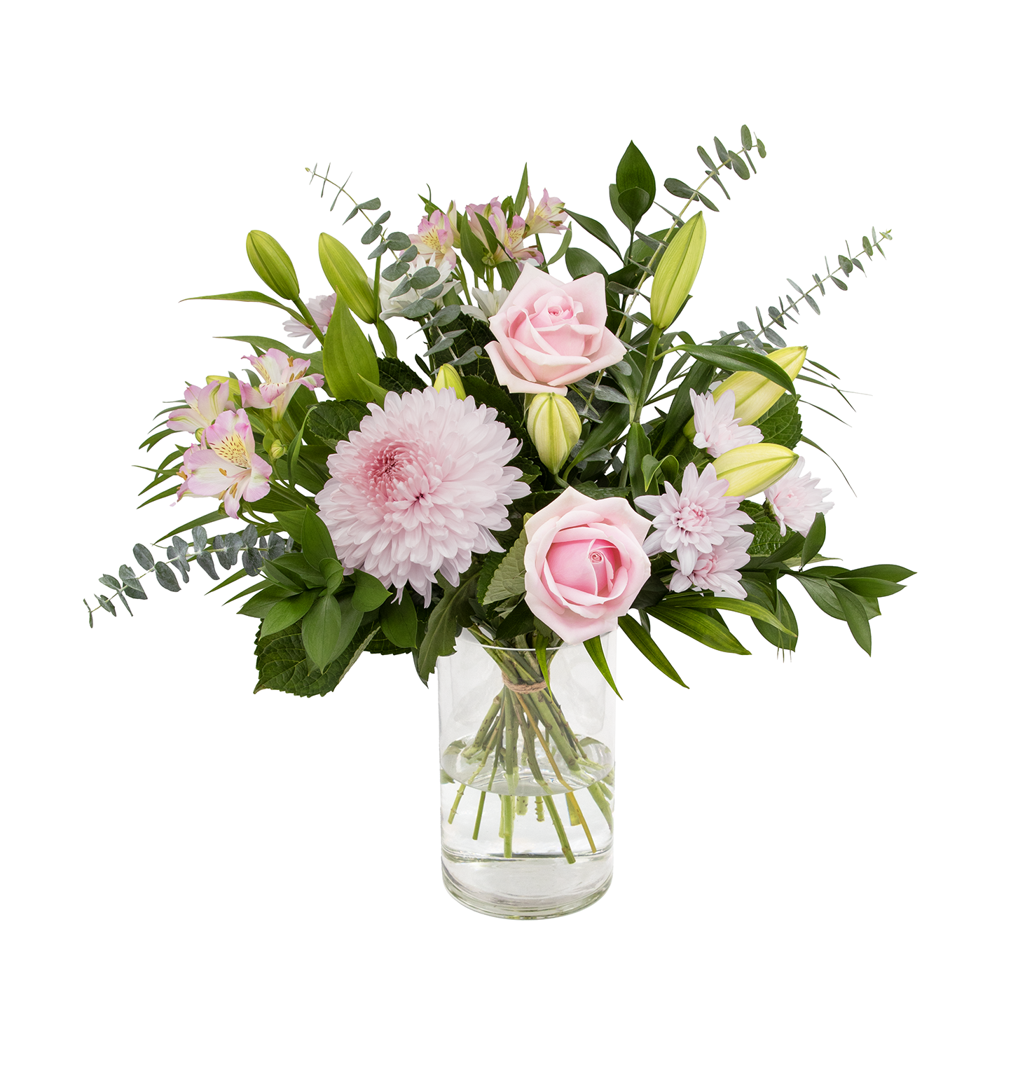 Bouquet of pink and white flowers in a clear vase on a white background