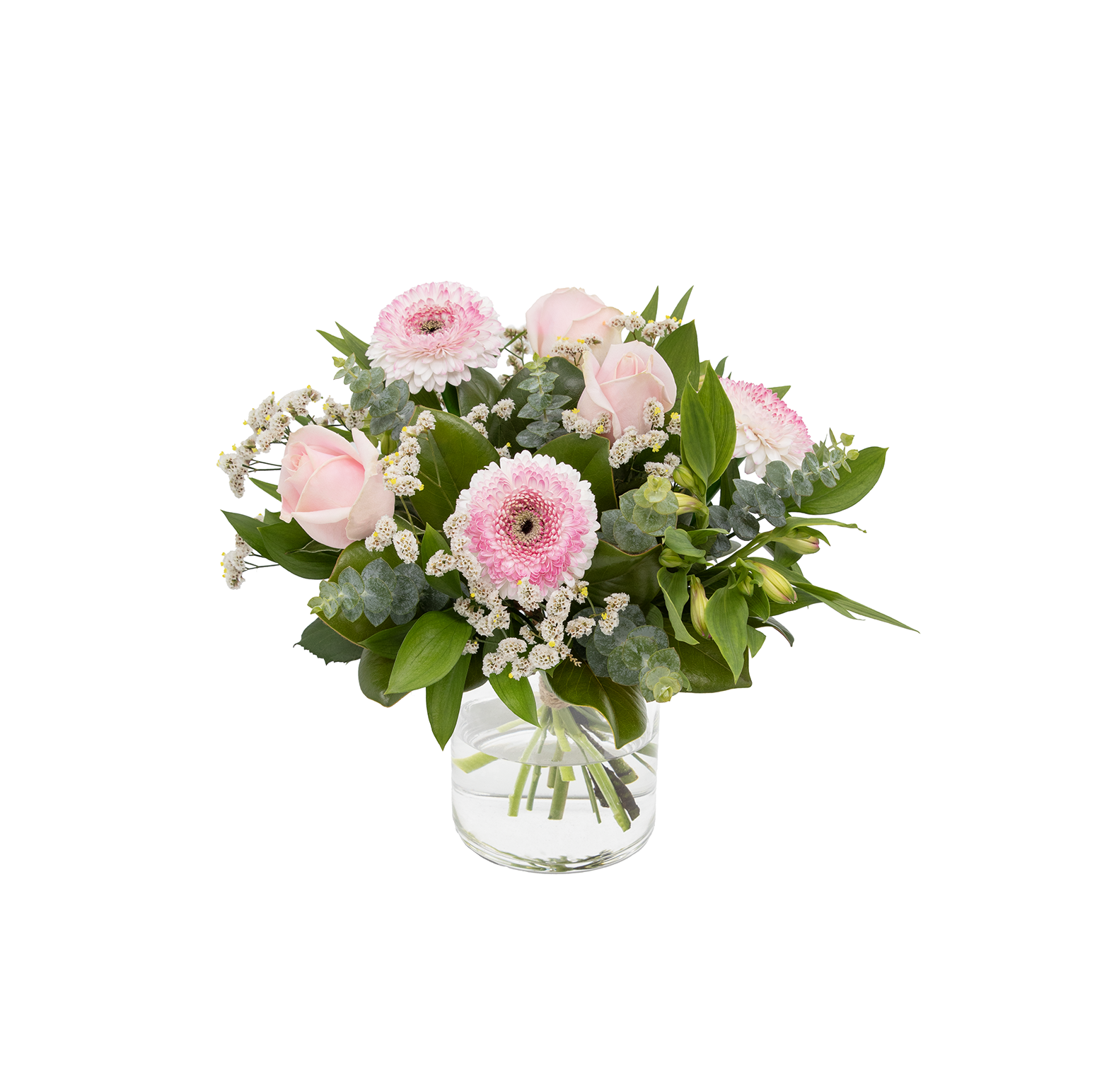 Small posy of pink flowers in a clear vase on a white background